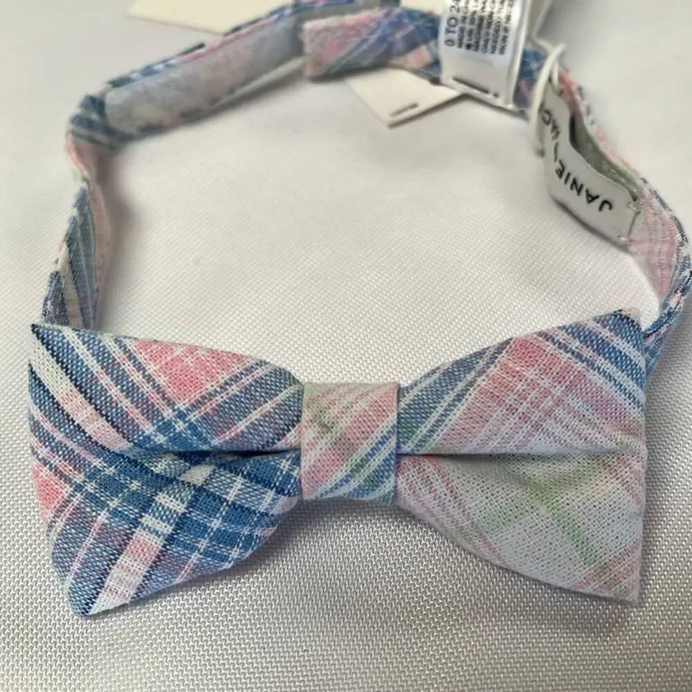 Janie and Jack Bowtie Linen Plaid Adjustable Blue Pink White Baby Toddler 0-24M